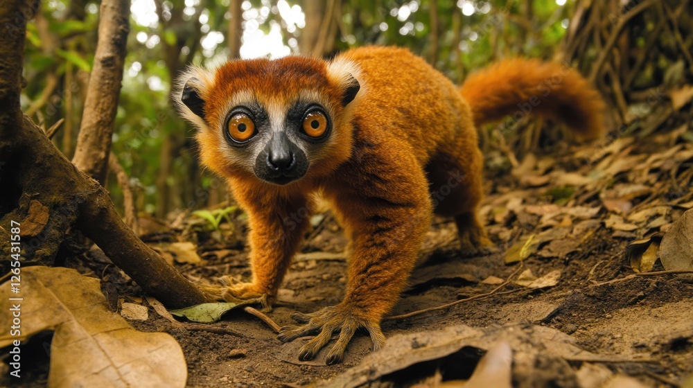 Obraz premium Curious Red Ruffed Lemur in Tropical Forest