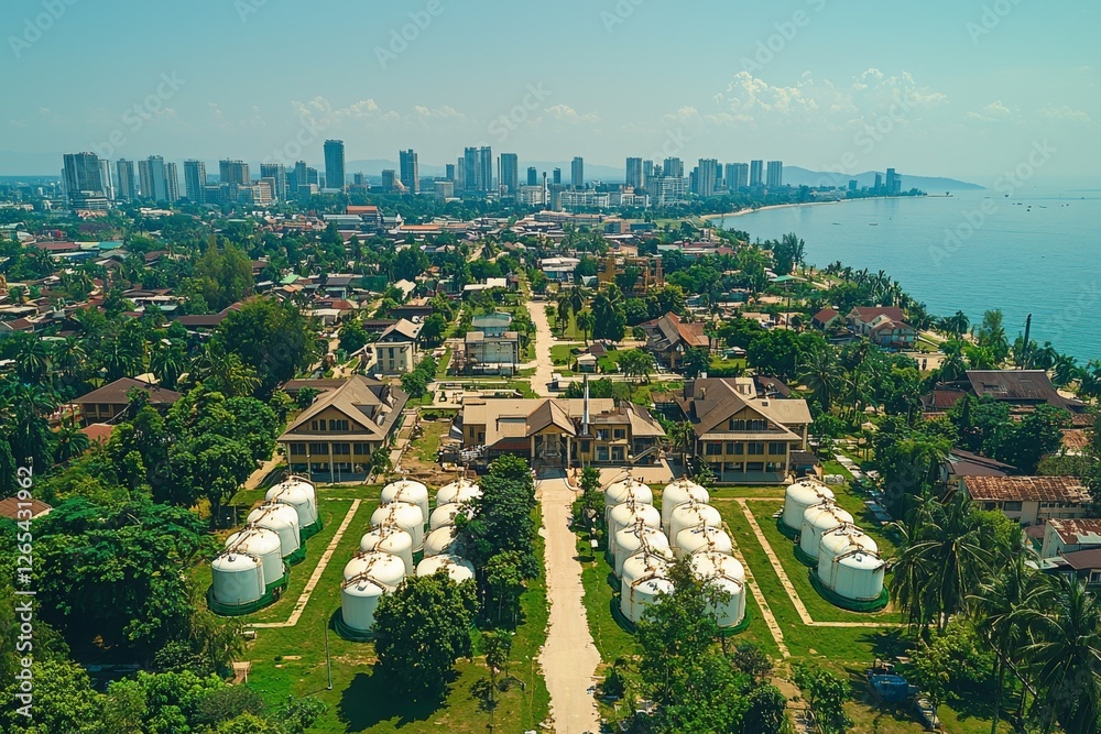 Obraz premium Manufacturing and storage facilities at oil and gas refineries create products intended for sale and export, utilizing international shipping for freighted transportation over the open sea