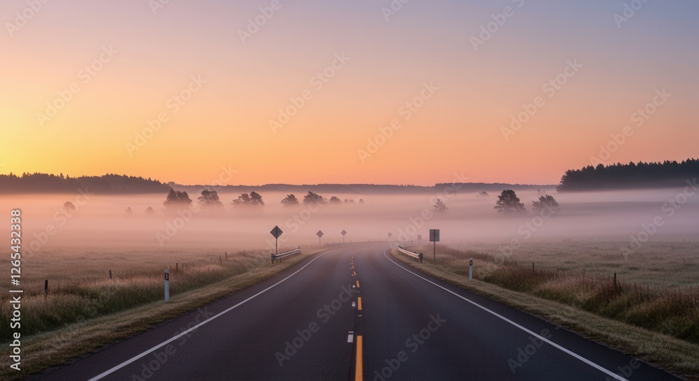 Fototapeta premium Road Through Misty Landscape at Sunrise with Fog Rolling Over Field