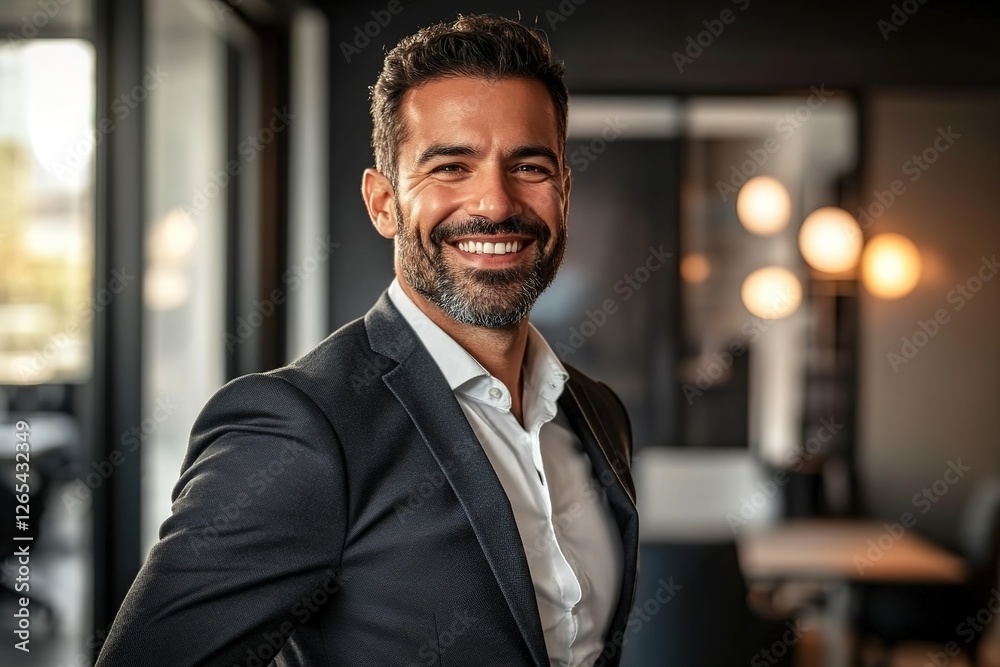 Warmly Smiling Businessman in Modern Office with Gentle Natural Light, Depicting Professionalism and Friendliness
Warmly Smiling Businessman in Modern Office with Gentle Natural Light, Depicting Professionalism and Friendliness