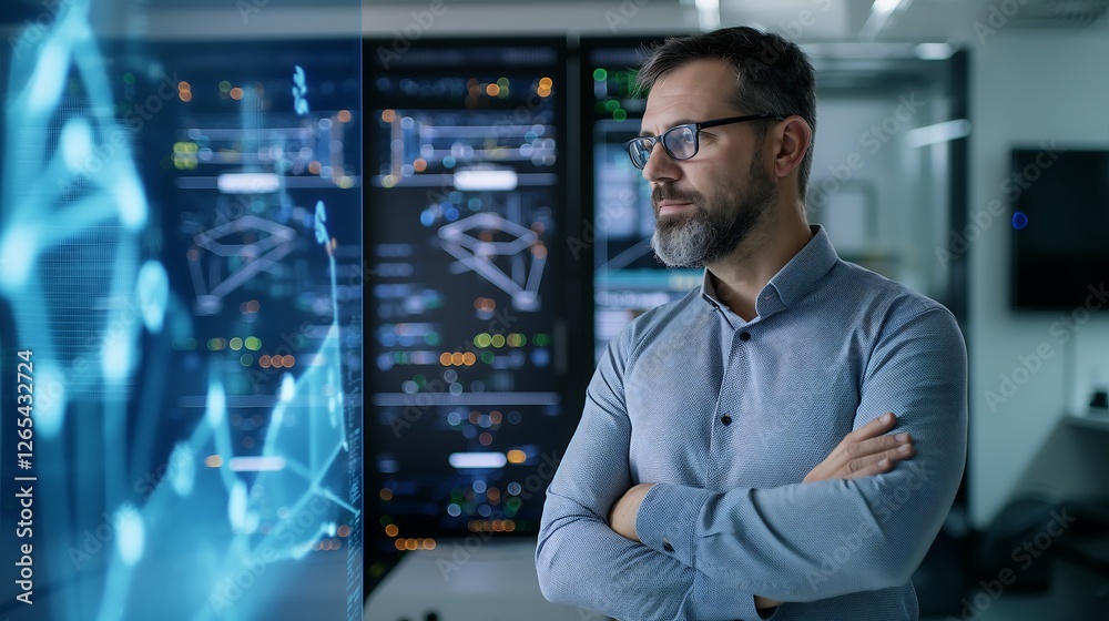 A confident male IT professional wearing smart casual attire, standing in a high-tech office with data servers glowing in the background, arms crossed while analyzing a holographic display A confident male IT professional wearing smart casual attire, standing in a high-tech office with data servers glowing in the background, arms crossed while analyzing a holographic display
