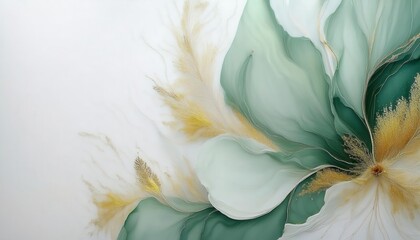 delicate flowing green abstract art with golden highlights, elegant organic shapes and soft gradient patterns for decor

