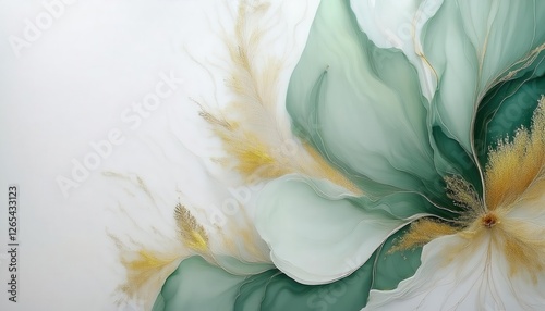 delicate flowing green abstract art with golden highlights, elegant organic shapes and soft gradient patterns for decor


