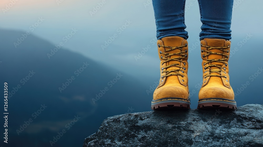 Adventurer's boots on rocky mountain ledge at sunset Adventurer's boots on rocky mountain ledge at sunset