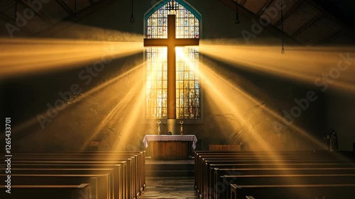 Sunlight streams through stained glass in an illuminated church interior with a prominent cross at its center