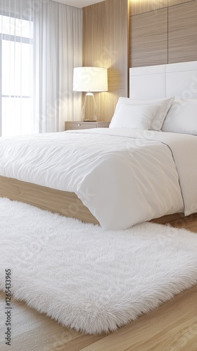 Cozy bedroom setting showcases a white bed and wooden table, inviting relaxation with stylish decor and a tranquil ambiance
