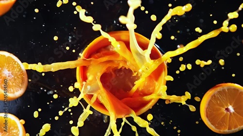 Explosion of orange juice in slow motion on isolated black background