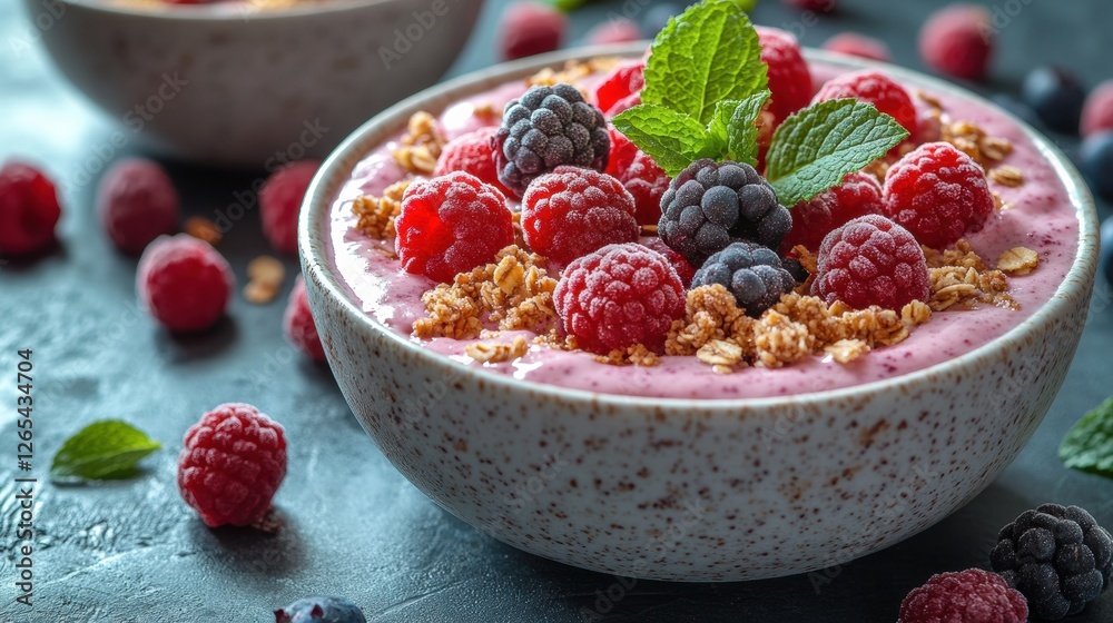 A bowl of pink smoothie with fruit and granola, on a light grey background, with some honey next to it. Professional food photography, studio lighting A bowl of pink smoothie with fruit and granola, on a light grey background, with some honey next to it. Professional food photography, studio lighting