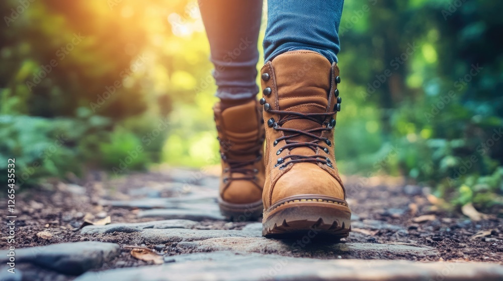 Hiking boots on a scenic forest trail at sunset Hiking boots on a scenic forest trail at sunset
