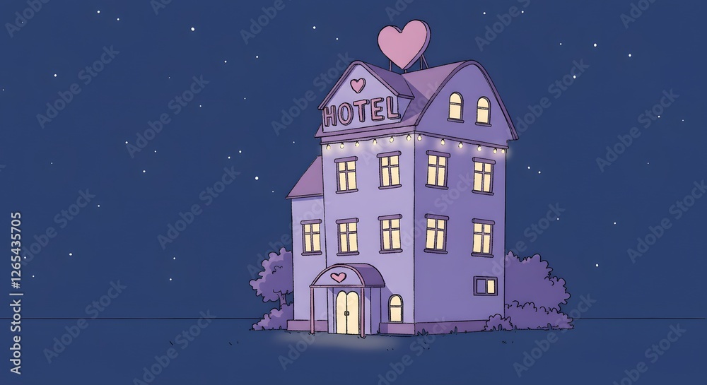 Fototapeta premium Charming Hotel Building with Heart Sign at Night Under Starry Sky
