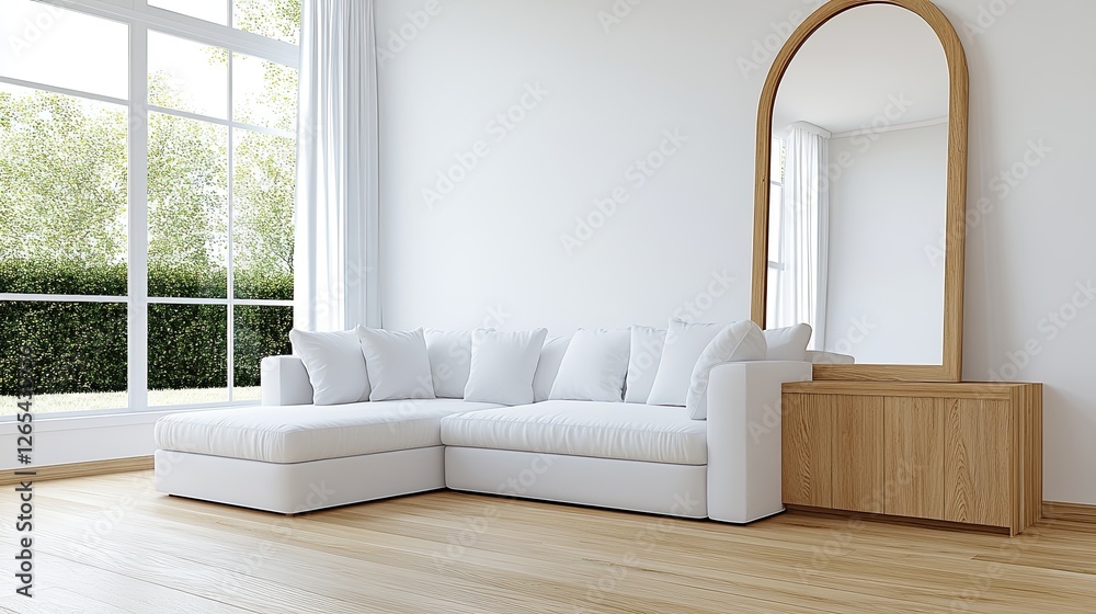 Fototapeta premium This elegant living room showcases a curved sofa paired with a mirror cabinet, surrounded by minimalist decor and boho-style elements