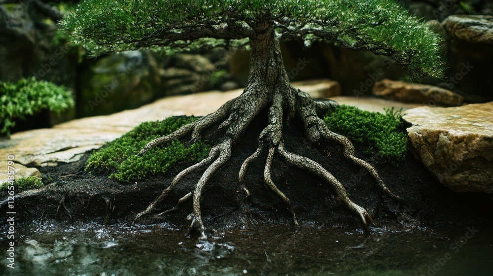 Fototapeta premium Zen garden bonsai roots, moss, water feature, tranquil background