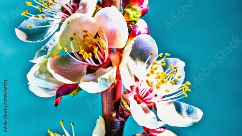 Apricot fruit flower blossom timelapse  a blue backgrounds.