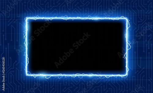 Frame with electric discharges and lightning. On a technological background with circuit. Vector mockup