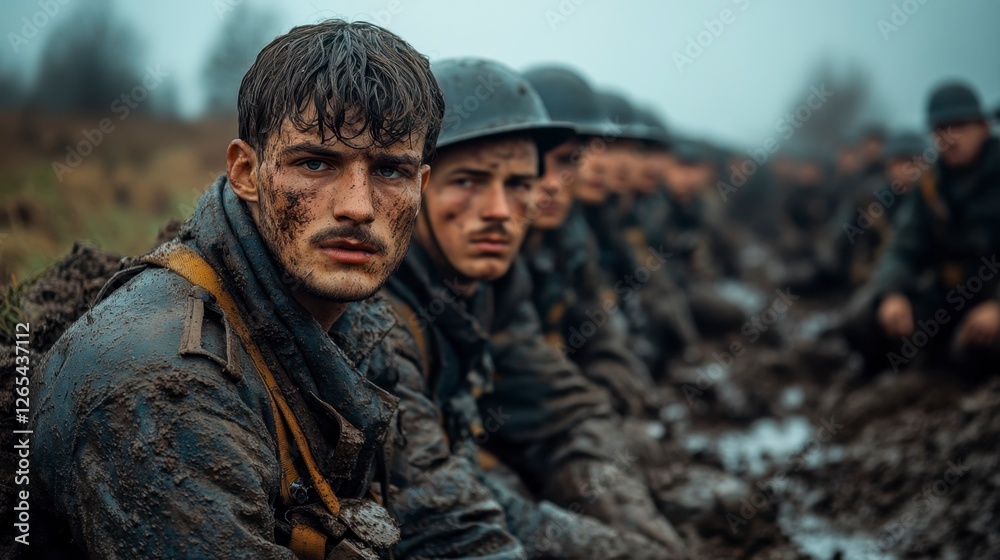 Determined Soldiers, Trench Warfare, Foggy Battleground, Gritty Resolve Determined Soldiers, Trench Warfare, Foggy Battleground, Gritty Resolve