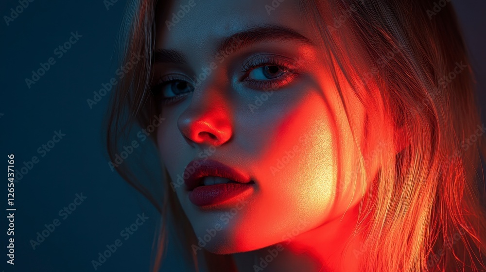Fototapeta premium Attractive Blonde Woman in Neon Lights - Beauty Close-Up