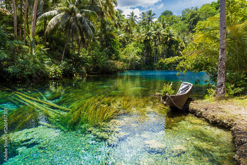 Clear lake with blue water and old boat in tropical forest in Indonesia.