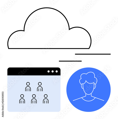 Cloud with streaming lines, user profile image, and collaborative app window. Ideal for teamwork, cloud storage, remote access, networking, digital identity, SaaS abstract line flat metaphor