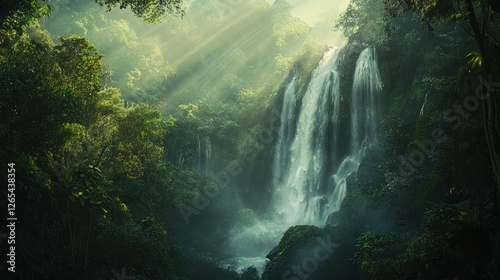 Wallpaper Mural Lush jungle waterfall sunrise, mist, serenity, travel Torontodigital.ca