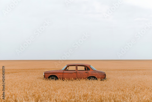 Abandoned Vehicle: A vintage vehicle rests amongst golden wheat, nature reclaiming the machine. A serene yet haunting landscape.
