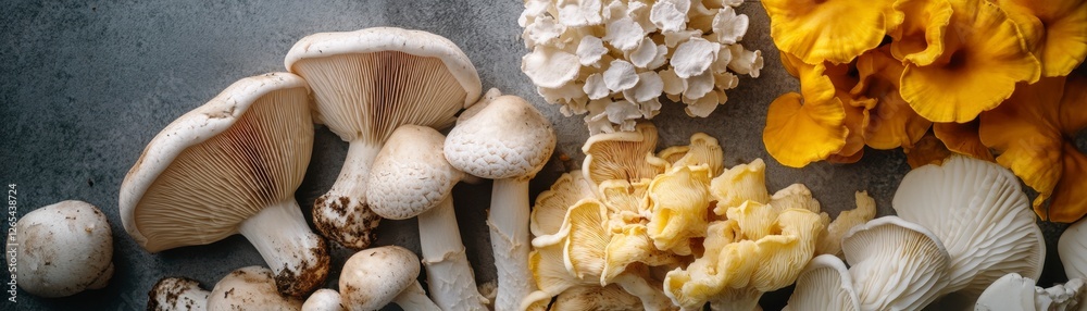 Edible mushroom varieties on gray, gourmet fungi Edible mushroom varieties on gray, gourmet fungi