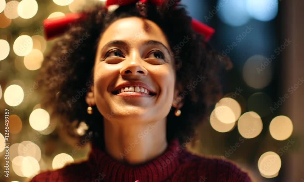 A cheerful woman is smiling while holding a beautifully wrapped gift, surrounded by a softly lit festive background that adds warmth to the celebratory mood. A cheerful woman is smiling while holding a beautifully wrapped gift, surrounded by a softly lit festive background that adds warmth to the celebratory mood.