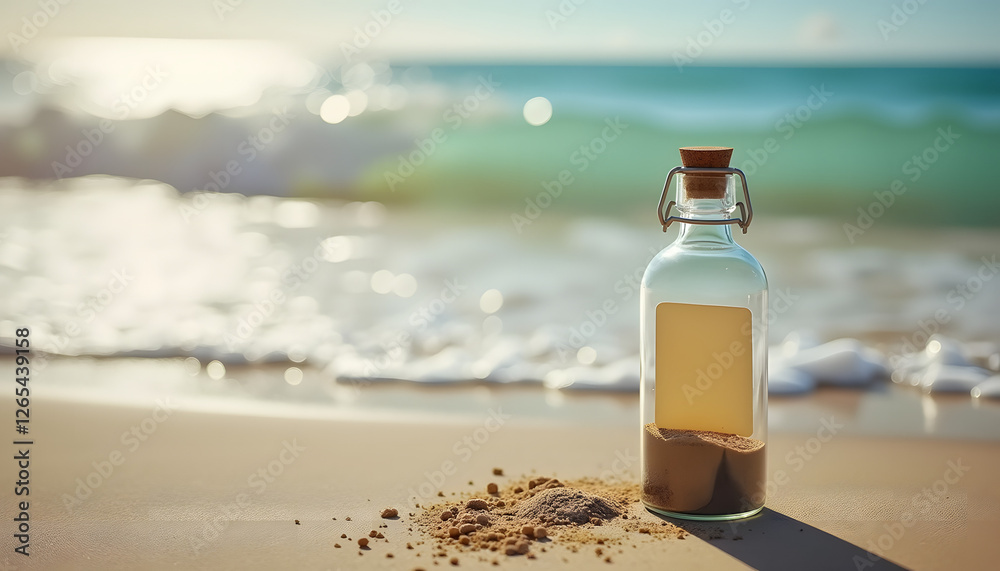 Bottle filled with sand placed on the beach with ocean waves in the background Bottle filled with sand placed on the beach with ocean waves in the background
