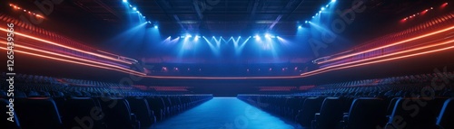 Esport arena interior illuminated by blue and red neon lights