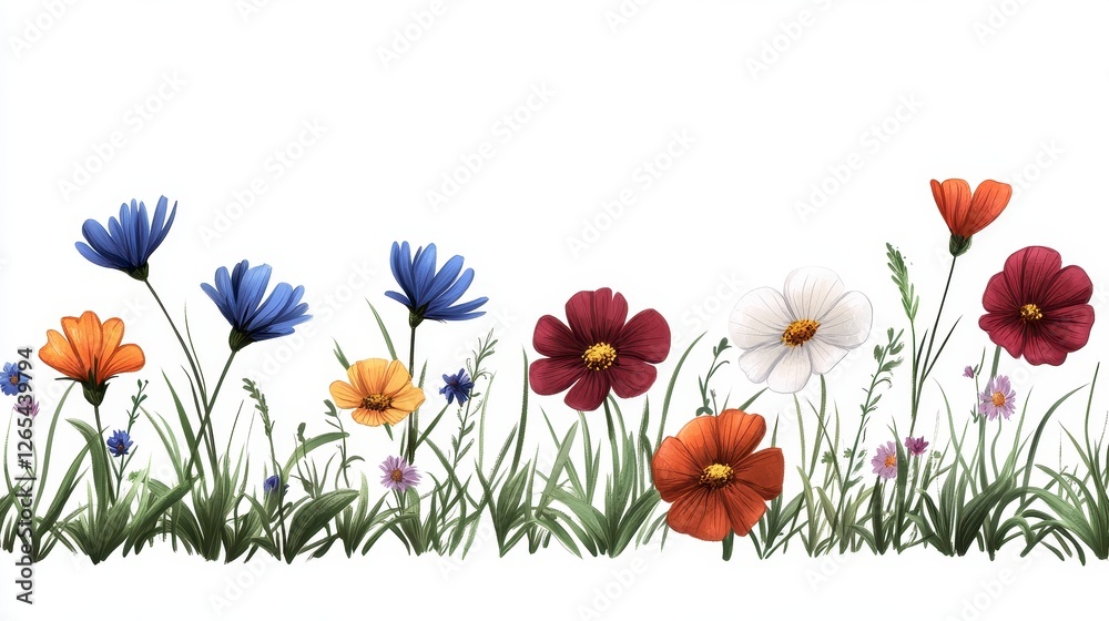 Fototapeta premium Colorful Floral Illustration with Various Flowers in Bloom