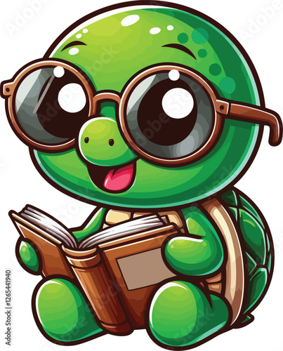 Cute Turtle Reading a Book – Fun and Educational Cartoon Vector for Stickers, Posters, and More. photo