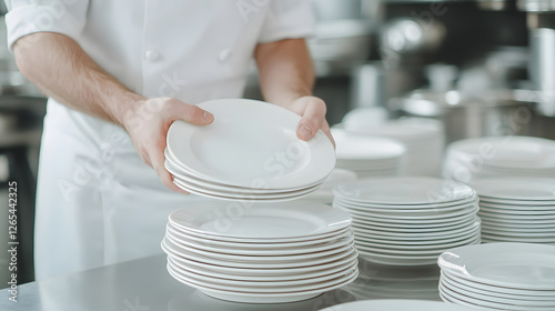 Fototapeta Naklejka Na Ścianę i Meble -  Chef stacking clean plates in a commercial kitchen. Crisp whites convey hygiene and professionalism. Preparing for service.