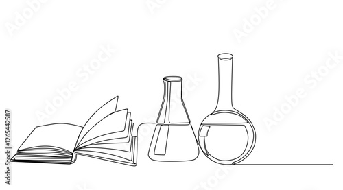 Continuous one line drawing of a stack of books and laboratory glassware on a white background. Isolated simple line modern graphic style. Hand drawn graphic concept for education.