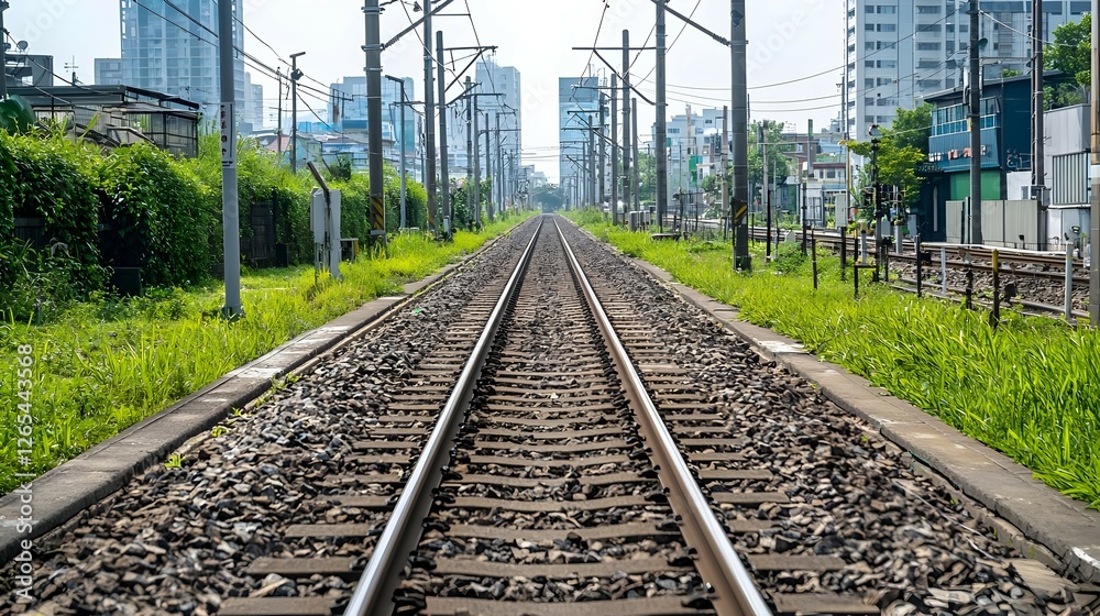 Fototapeta premium Urban Train Tracks Receding into Cityscape