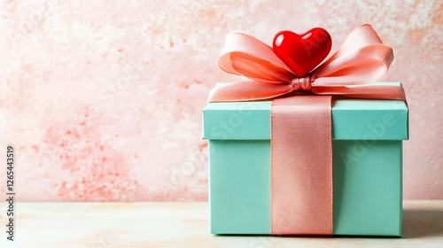 Elegant teal gift box beautifully adorned with pink ribbon and heart shaped accent soft pink background. AI Generated