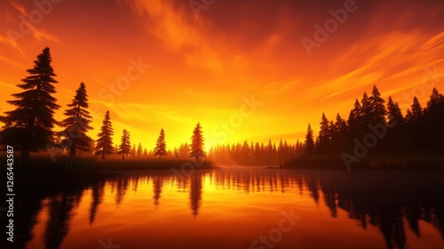 A stunning sunset over a calm lake, framed by tall evergreen trees photo