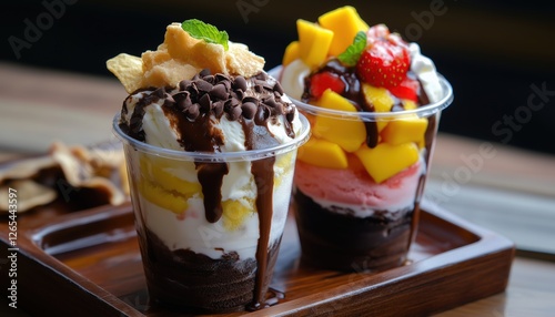 Top View Of Indian And Pakistani Dessert Featuring Assorted Ice Cream Flavors Such As Vanilla, Chocolate, Mango, Strawberry, Brownie, Syrup, And Chips In Disposable Cup. photo