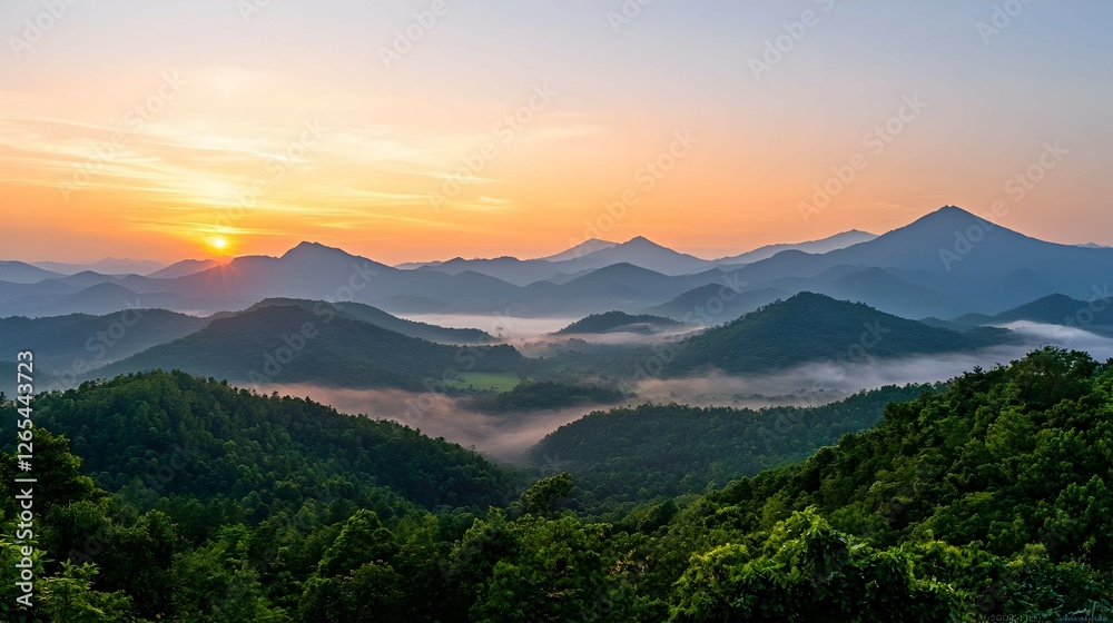 Fototapeta premium Golden Sunrise Over Misty Mountain Valley
