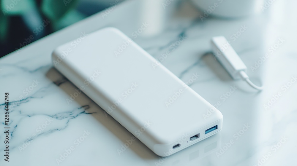 Fototapeta premium White Power Bank on Marble Surface