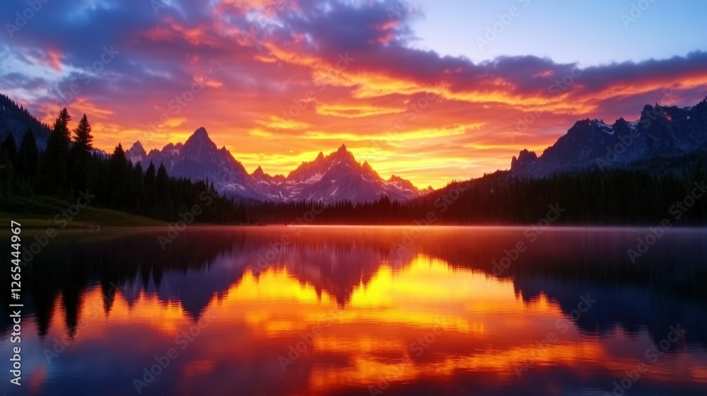Fototapeta premium A stunning sunset over a serene lake, reflecting vibrant orange and purple hues