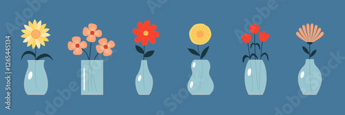 Flower vase set line. Transparent glass vases with blue water. Different flowers. Daisy, tulip, gerbera. Cute colorful icon collection. Ceramic Pottery decoration. Flat design. Blue background Vector