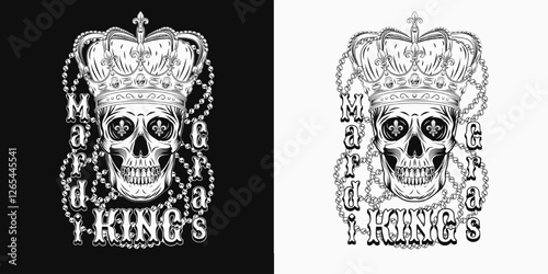 Mardi Gras King label. Black and white emblem with human skull in imperial crown, intertwined interlaced strings of beads, text. Rectangular composition in vintage style.