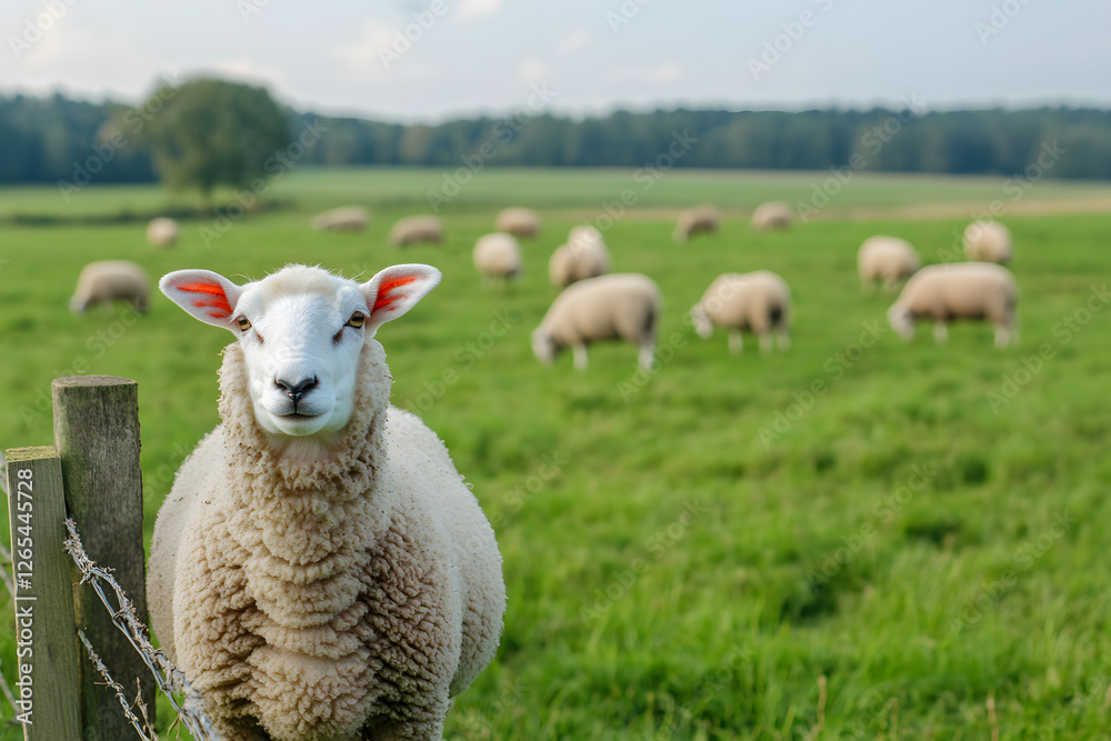 Obraz premium A fluffy sheep stands by a wooden fence in a field of green grass, with other sheep grazing in the distance under a clear sky. A rural scene. 