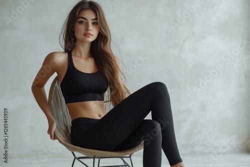 Slim sporty young woman in underwear sitting on chair over white studio background, fit lady demonstrating perfect body shape and natural beauty, full, Generative AI