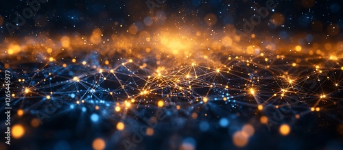 Abstract representation of interconnected nodes and glowing particles in a digital landscape