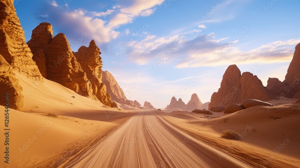 Naklejka premium A stunning desert landscape featuring majestic rock formations, a winding dirt road, and a vibrant sky at sunset, creating a serene ambiance perfect for travel or nature enthusiast