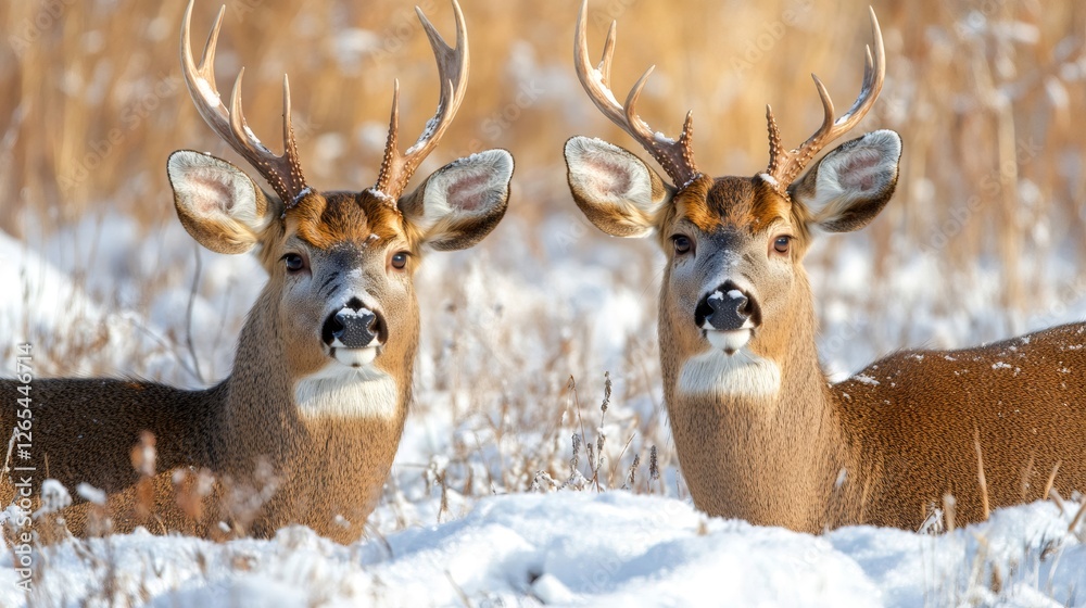 Fototapeta premium Two white tailed deer resting in snowy field