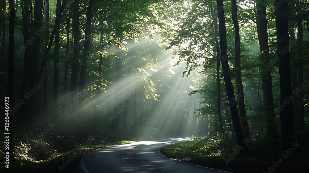 Fototapeta premium Sunbeams illuminate a winding forest road