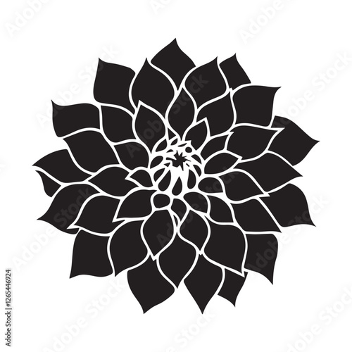 A sophisticated, stylized black silhouette of a dahlia flower against a white background.