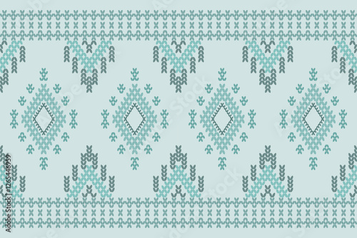 Ikat cross stitch geometric embroidery seamless knitted pattern on damask background. Perfect decorative design for sweater, fabric, decoration, illustration, ornament, texture, textile, interior