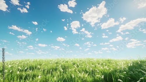 Green grass and blue sky with white clouds in summer season
